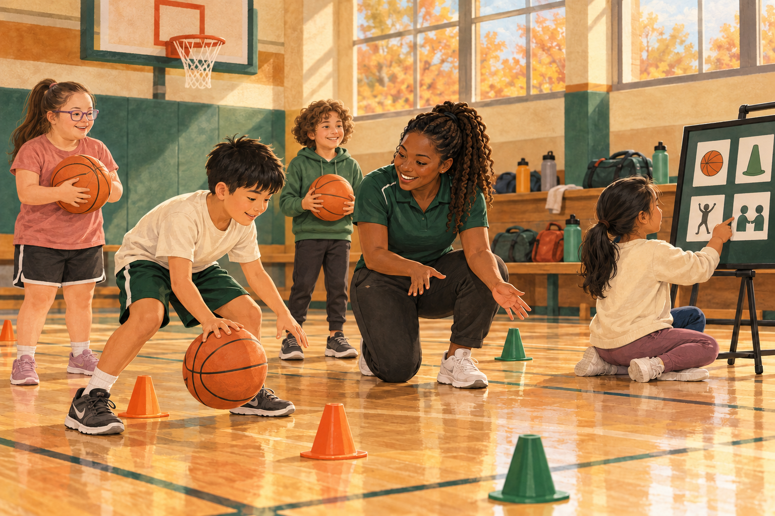 Illustration of a woman coach supporting children practicing basketball and shared participation in a gym